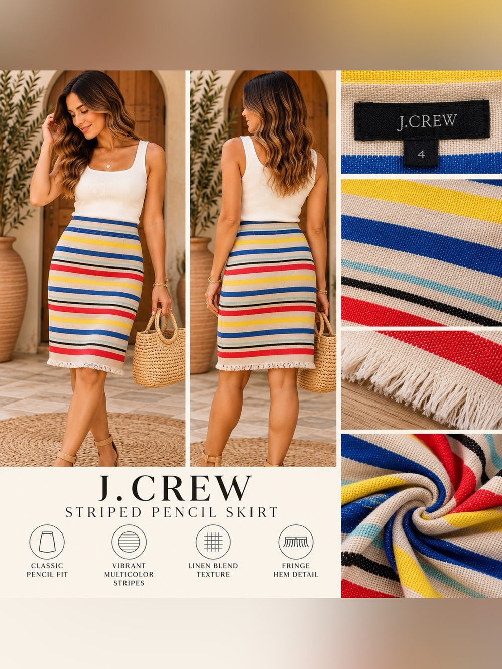 J.Crew Size 4 Striped Pencil Skirt Multicolor Fringe Hem